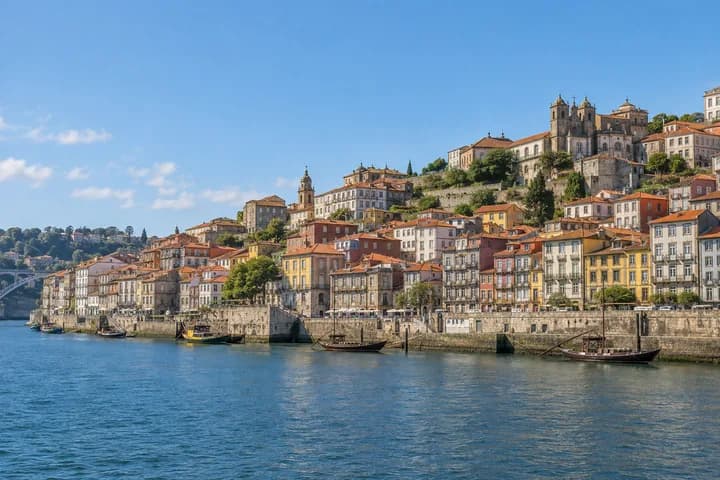 Porto seen from the river on a bright day.